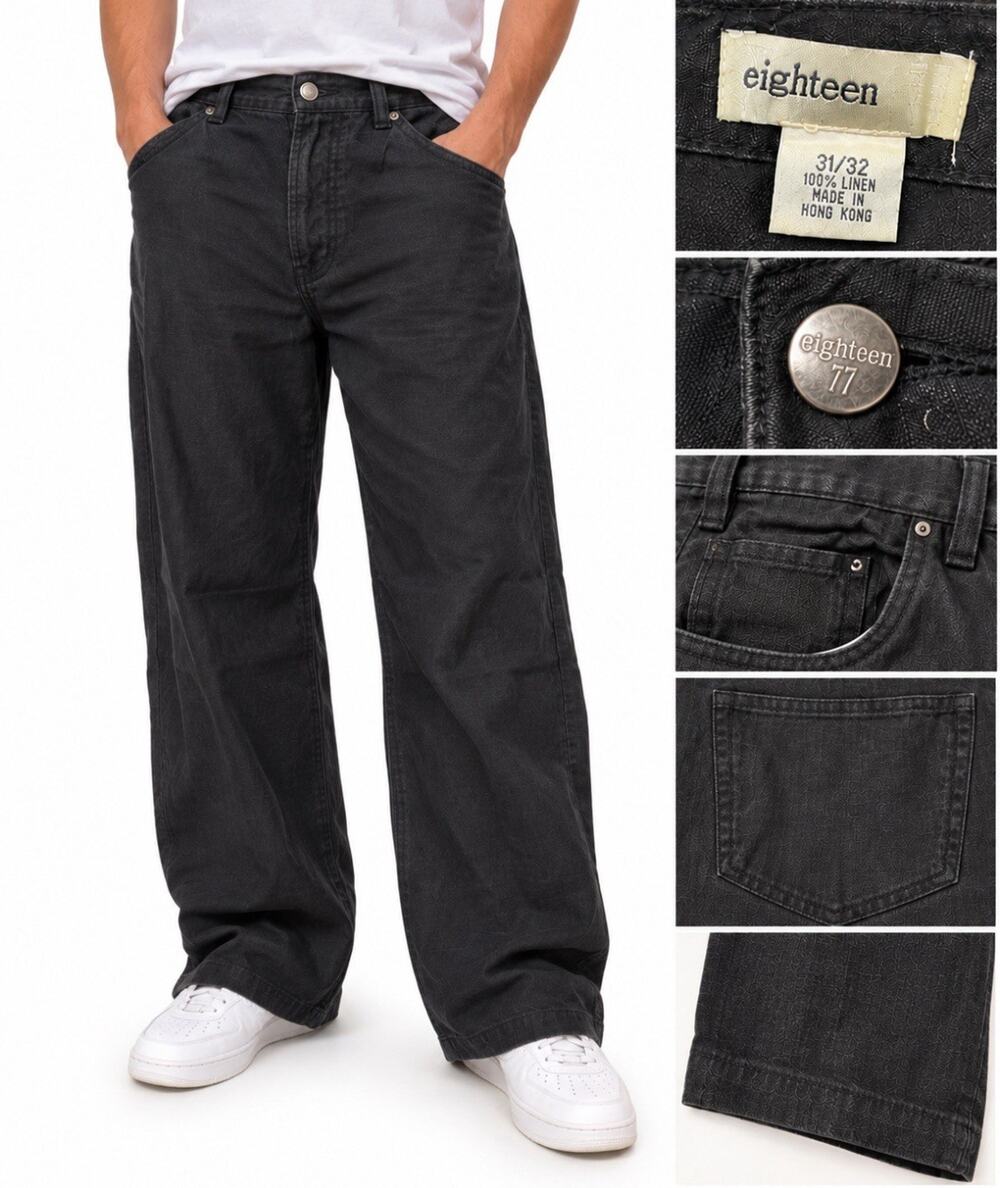 Y2K Skater eighteen Men's Baggy Wide Leg Linen Pants 31x29 Black Coastal Beachy
